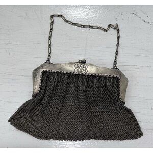 German Silver Mesh Purse Art Nouveau Chainmail Evening Bag Monogram c1900